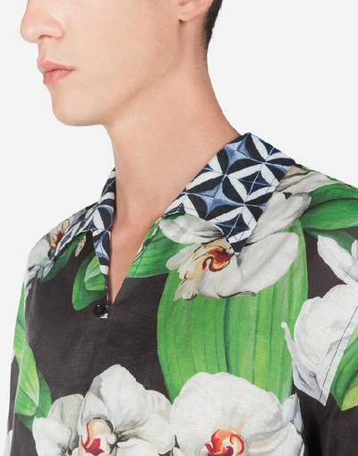 Shop Dolce & Gabbana Linen Hawaiian Shirt With Orchid Print In Floral Print