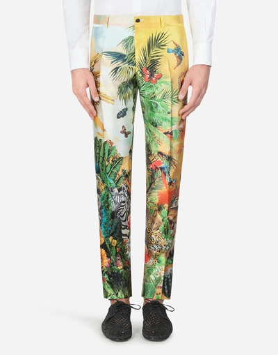Shop Dolce & Gabbana Silk Pants With Tropical King Print In Multi-colored