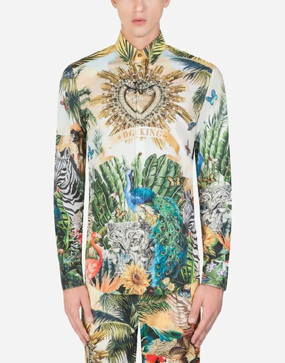 Shop Dolce & Gabbana Cotton Gold Shirt With Tropical King Print In Multi-colored