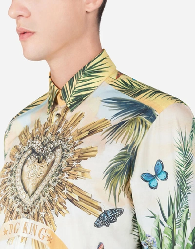 Shop Dolce & Gabbana Cotton Gold Shirt With Tropical King Print In Multi-colored
