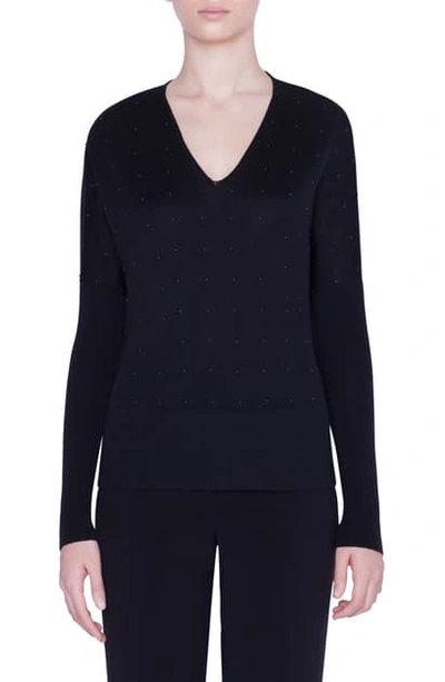 Shop Akris Punto Studded V-neck Merino Wool Sweater In Black
