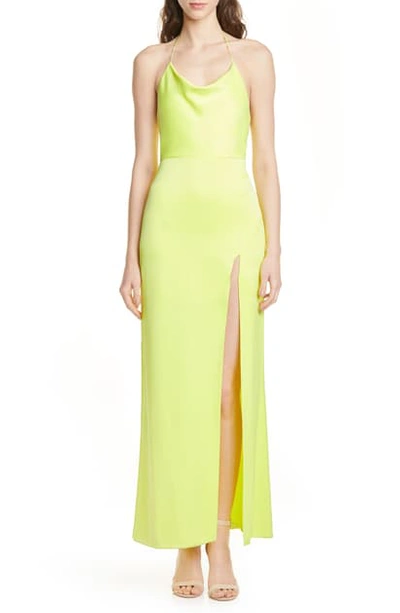 Shop Alice And Olivia Eliza Cowl Neck High Slit Maxi Slipdress In Neon Yellow