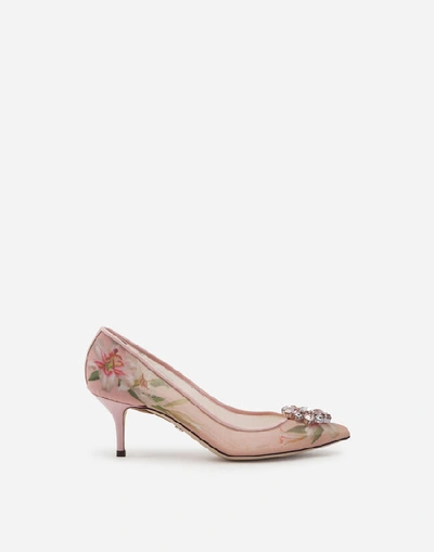 Shop Dolce & Gabbana Lily-print Mesh Pumps With Brooch Detail In Pink