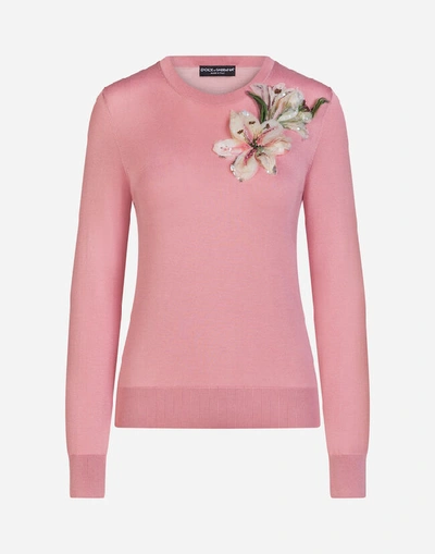 Shop Dolce & Gabbana Silk Sweater With Embroidery In Pink