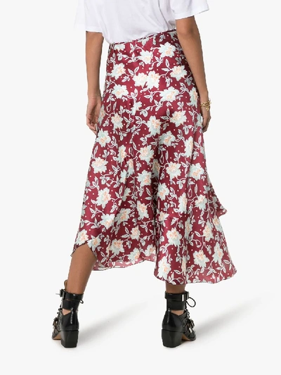 Shop Chloé Silk Floral Asymmetric Midi Skirt In 9l0 Red-blue 1