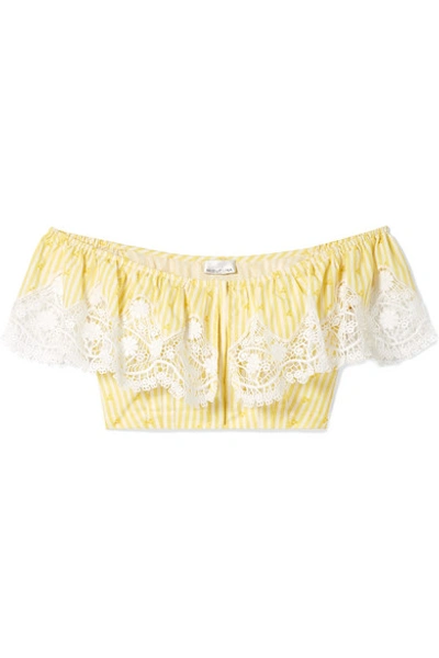 Shop Miguelina Jenna Off-the-shoulder Crochet-trimmed Striped Cotton-voile Top In Yellow