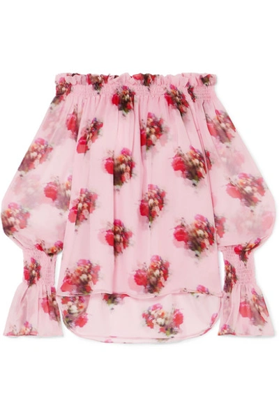 Shop Adam Lippes Off-the-shoulder Floral-print Silk-chiffon Blouse In Pink
