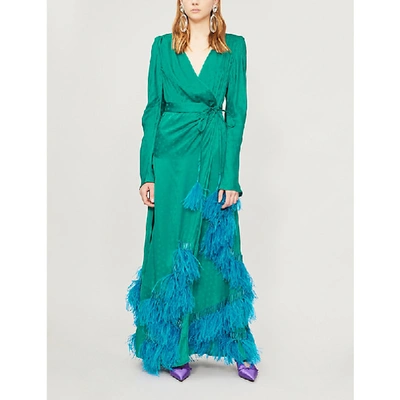 Shop Attico Feather-trim Satin Wrap Dress In Peacock