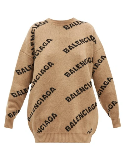 Balenciaga Neutral Women's Logo Knitted Crewneck Sweater In Beige | ModeSens