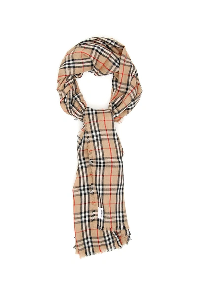 Shop Burberry Cashmere Scarf With Embroidered Logo In Camel (beige)