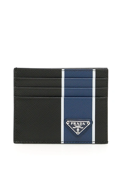 Shop Prada Stripe Saffiano Cardholder In Nero Bluette (black)