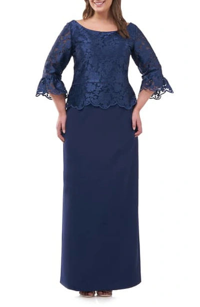 Shop Js Collections Embroidered Mesh Peplum Gown In Navy
