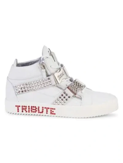 Shop Giuseppe Zanotti Michael Jackson Tribute Embellished Leather Mid-top Sneakers In Bianco
