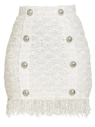 Shop Balmain Women's Tweed Button Mini Skirt In Blanc Argent