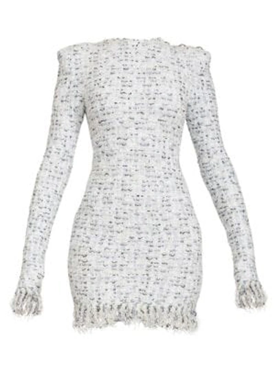 Shop Balmain Fringed Tweed Knit Mini Dress In White Blue