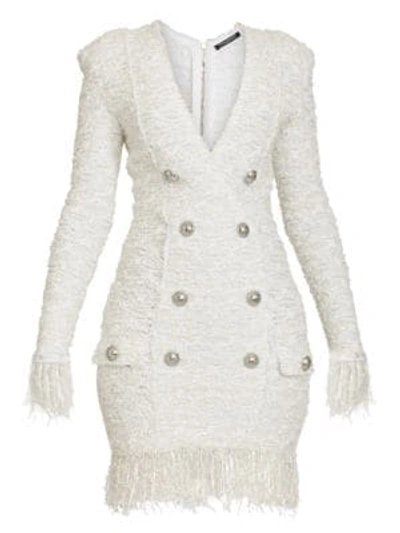 Shop Balmain Women's Fringed Tweed Button Mini Dress In Blanc Argent