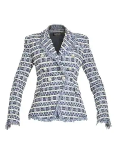 Shop Balmain Double Breasted Tweed Button Jacket In Blue White