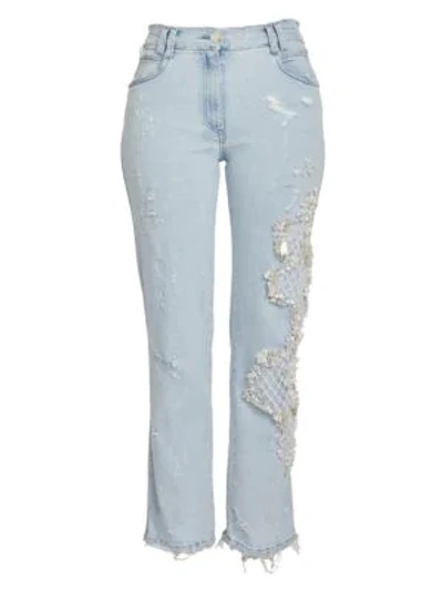 Shop Balmain Faux Pearl Embroidered Washed Straight-leg Jeans In Bleu Jean Clair