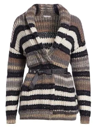 Shop Brunello Cucinelli Belted Wool-blend Stripe Cardigan In Mushroom