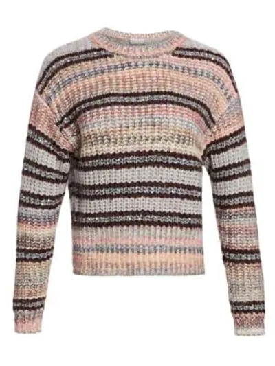 Shop Brunello Cucinelli Mixed Media Striped Pailette Knit Sweater In Caribou