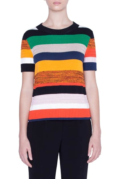 Shop Akris Punto Multicolor Stripe Short Sleeve Sweater In Sun/ Black/ Cream