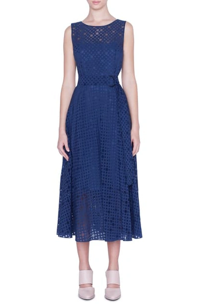 Shop Akris Punto Belted Dot Organza Midi Dress In Dark Denim