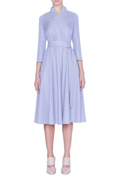 Shop Akris Punto Stripe Poplin Midi Shirtdress In Dark Denim/ Cream