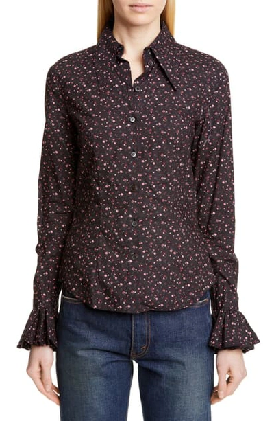 Shop Michael Kors Ruffle Cuff Vintage Floral Print Shirt In Black/ Rosewood