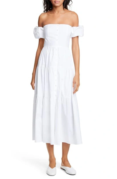 Shop Staud Elio Off The Shoulder Midi Dress In White