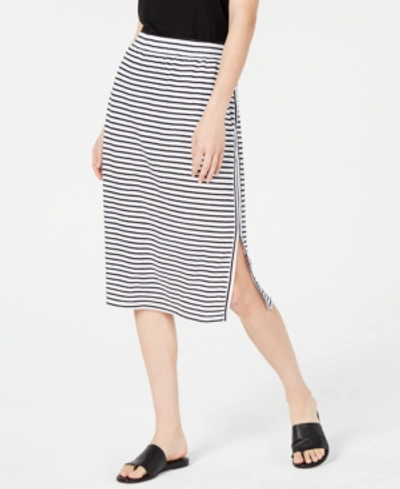 Shop Eileen Fisher Organic Linen Striped Side-slit Skirt In White/black