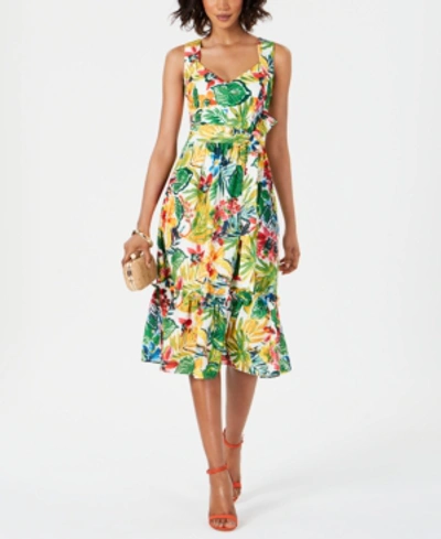 Shop Donna Ricco Printed Sweetheart-neck Dress In Ivory/yellow/green