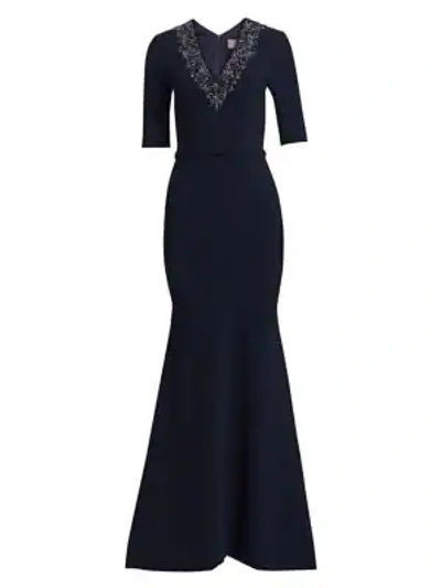 Shop Theia V-neck Beaded Crepe Gown In Navy
