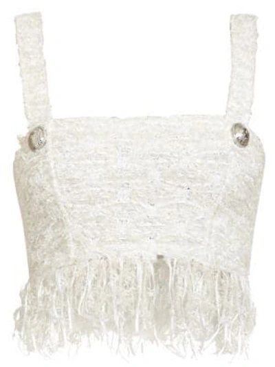 Shop Balmain Fringed Tweed Bra Top In White