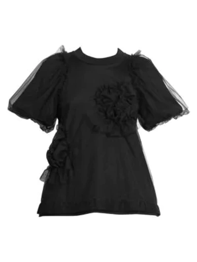 Shop Simone Rocha Ruched Floral Tulle Overlay Tee In Black