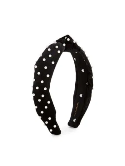 Shop Lele Sadoughi Petite Faux-pearl Embellished Velvet Knot Headband In Black