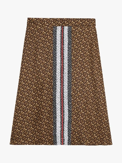 Shop Burberry Steph Monogram Print Mulberry Silk A-line Skirt In Brown