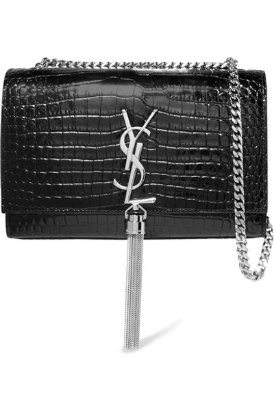 Shop Saint Laurent Kate Croc-effect Leather Shoulder Bag In Black