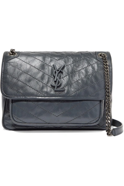 Shop Saint Laurent Niki Medium Quilted Crinkled Glossed-leather Shoulder Bag In Gray