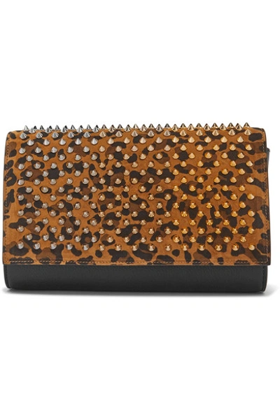 Shop Christian Louboutin Paloma Spiked Leopard-print Suede And Leather Clutch In Tan