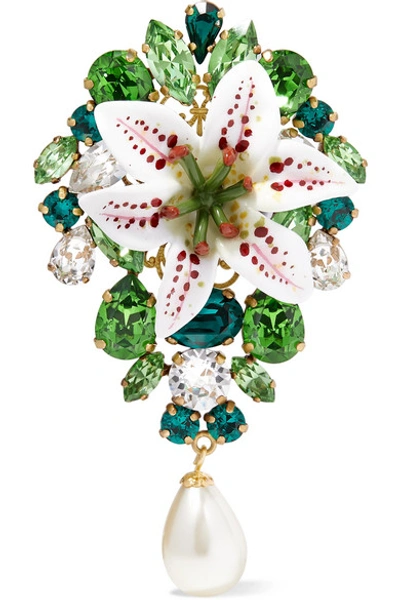 Shop Dolce & Gabbana Lilium Gold-tone, Resin, Crystal And Faux Pearl Brooch In Green