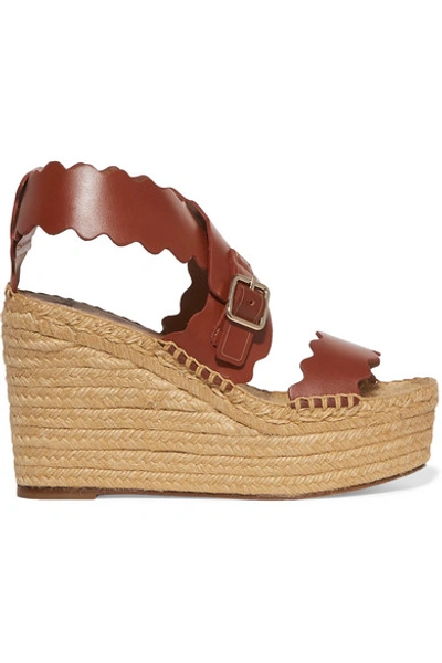 Shop Chloé Lauren Scalloped Leather Espadrille Wedge Sandals In Brown