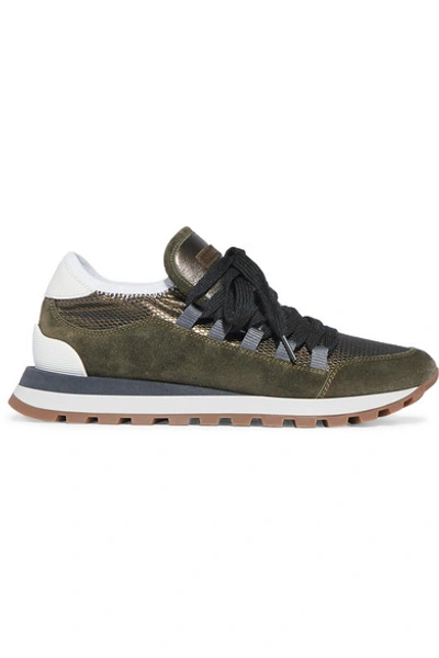Shop Brunello Cucinelli Metallic Mesh, Leather And Suede Sneakers In Forest Green