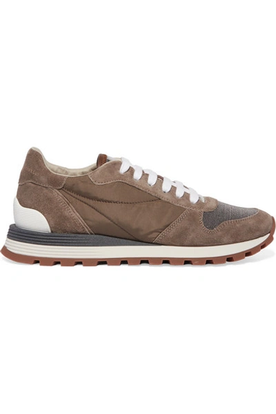 Shop Brunello Cucinelli Bead-embellished Nylon, Suede And Leather Sneakers In Taupe