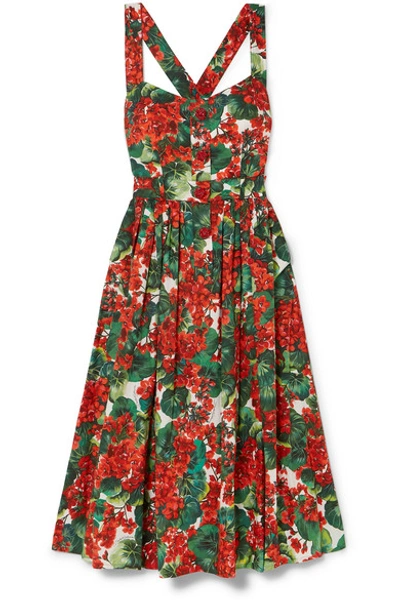 Shop Dolce & Gabbana Pleated Floral-print Cotton-blend Poplin Midi Dress In Red