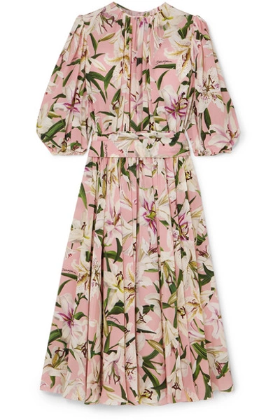 Shop Dolce & Gabbana Belted Floral-print Silk-georgette Midi Dress In Pink