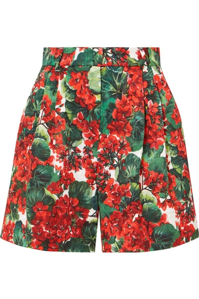 Shop Dolce & Gabbana Pleated Floral-print Cotton-blend Poplin Shorts In Red