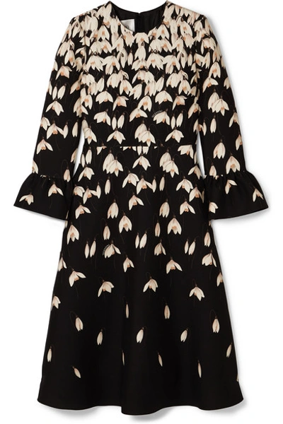 Shop Valentino Floral-print Wool And Silk-blend Midi Dress In Black