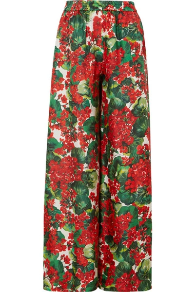 Shop Dolce & Gabbana Floral-print Silk-twill Wide-leg Pants In Red