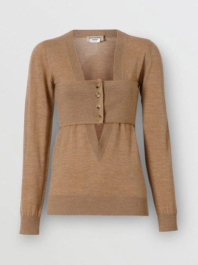 Shop Burberry Button Panel Detail Merino Wool V-neck Sweater In Sand