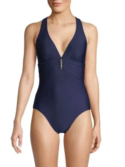 Shop Calvin Klein One-piece V-neck Swimsuit In Navy